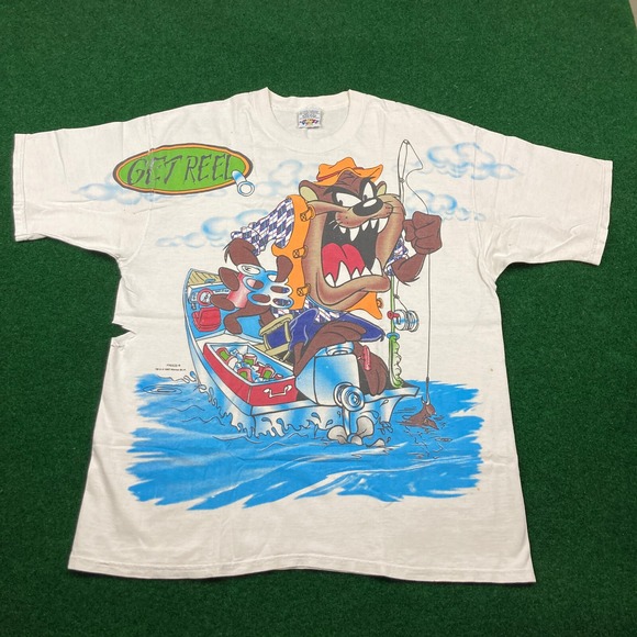 Vintage Tasmanian Devil Shirt Mens XL White 1997 Taz Fishing Get Reel AOP 90s - Picture 2 of 16